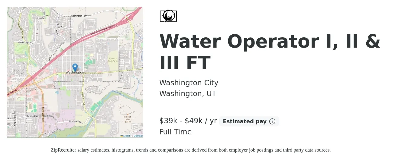 Washington City job posting for a Water Operator I, II & III FT in Washington, UT with a salary of $39,328 to $49,717 Yearly with a map of Washington location.