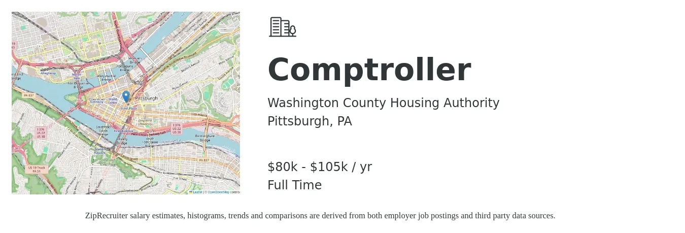 Washington County Housing Authority job posting for a Comptroller in Pittsburgh, PA with a salary of $80,000 to $105,000 Yearly with a map of Pittsburgh location.
