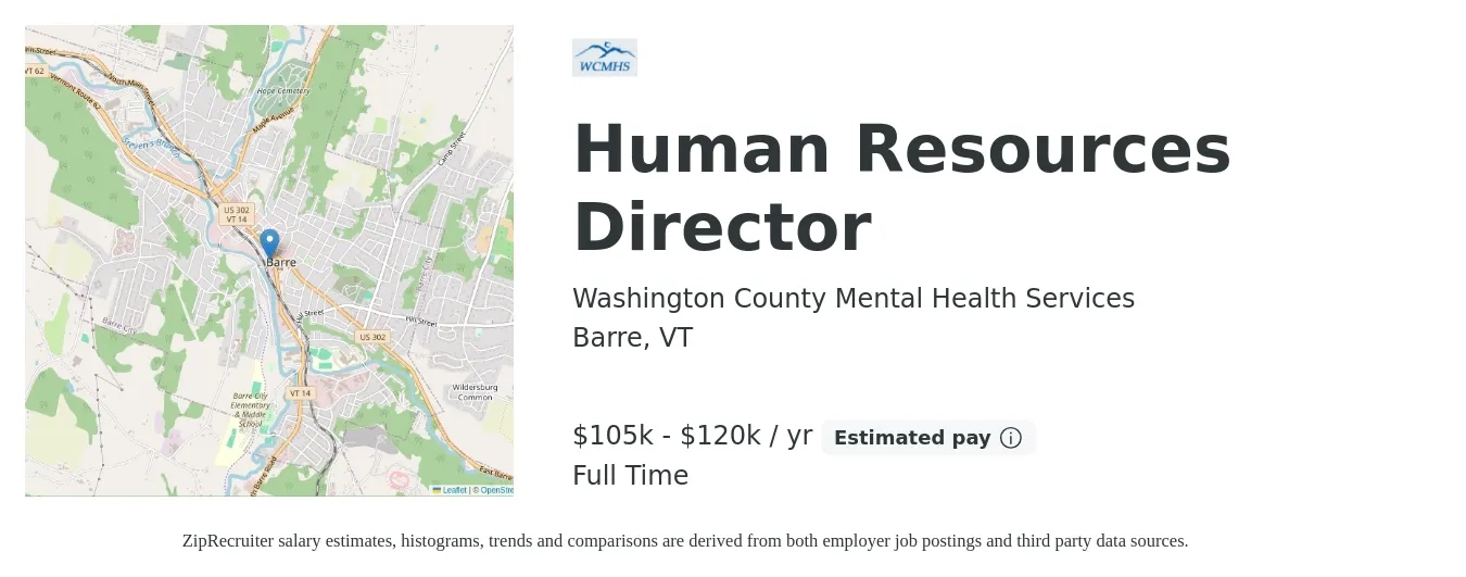 Washington County Mental Health Services job posting for a Human Resources Director in Barre, VT with a salary of $105,000 to $120,000 Yearly with a map of Barre location.