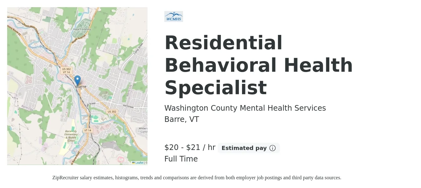 Washington County Mental Health Services job posting for a Residential Behavioral Health Specialist in Barre, VT with a salary of $21 to $22 Hourly with a map of Barre location.