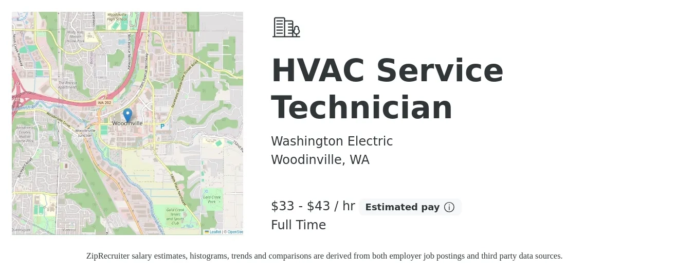Washington Electric job posting for a HVAC Service Technician in Woodinville, WA with a salary of $35 to $45 Hourly with a map of Woodinville location.