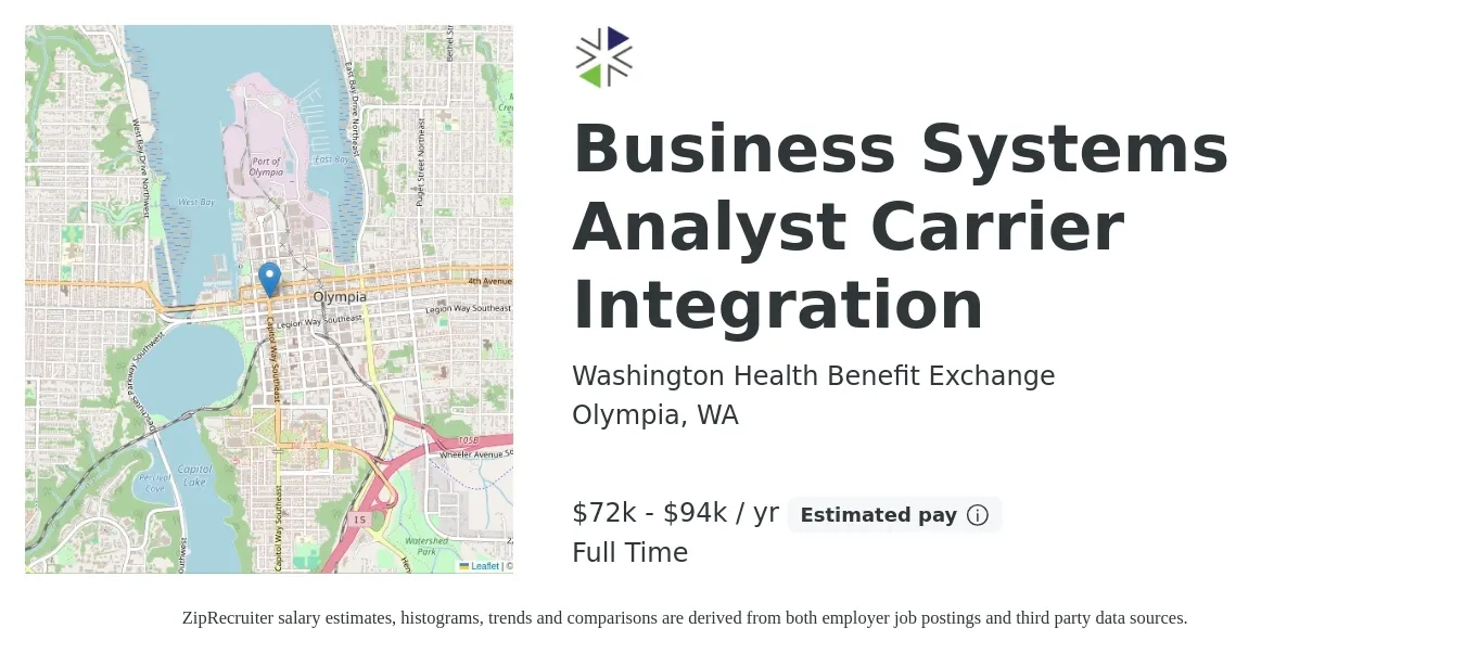 Washington Health Benefit Exchange job posting for a Business Systems Analyst Carrier Integration in Olympia, WA with a salary of $72,475 to $94,532 Yearly with a map of Olympia location.