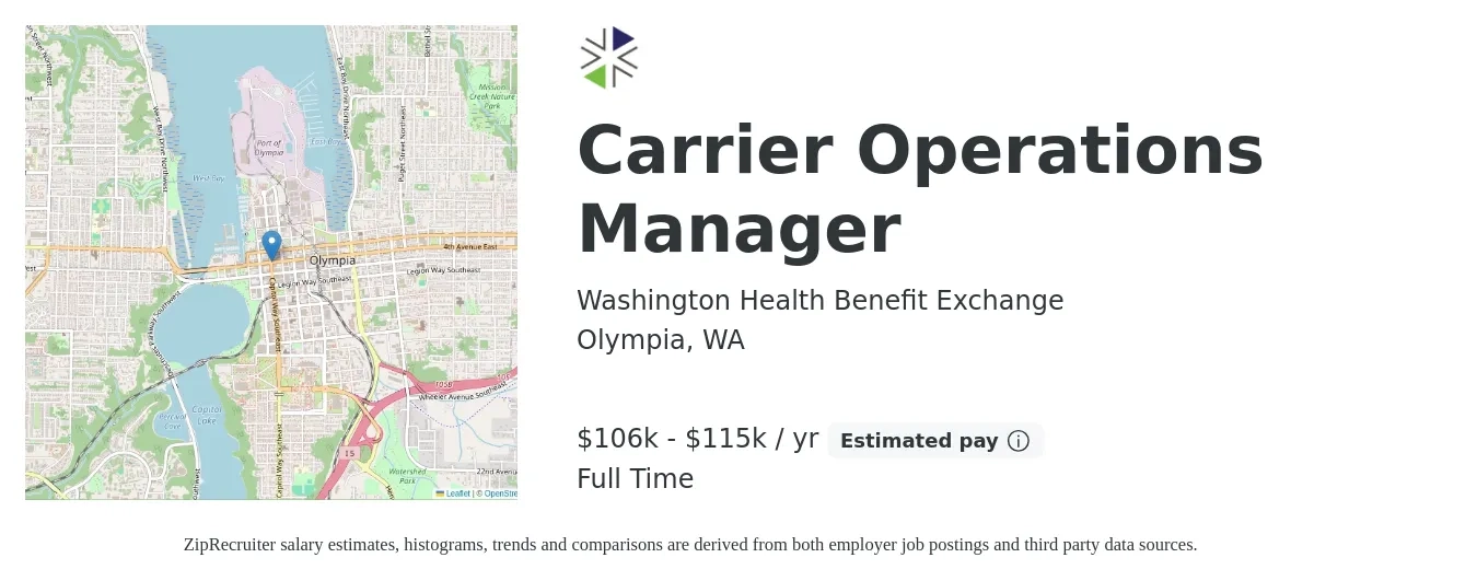 Washington Health Benefit Exchange job posting for a Carrier Operations Manager in Olympia, WA with a salary of $106,113 to $115,340 Yearly with a map of Olympia location.