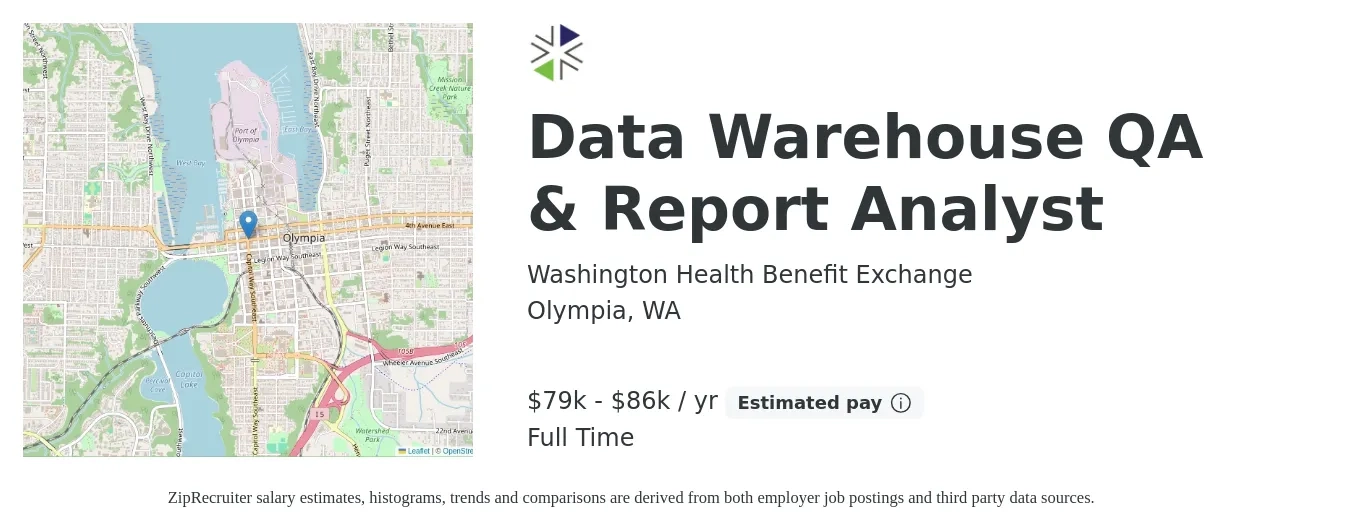 Washington Health Benefit Exchange job posting for a Data Warehouse QA & Report Analyst in Olympia, WA with a salary of $79,723 to $86,656 Yearly with a map of Olympia location.