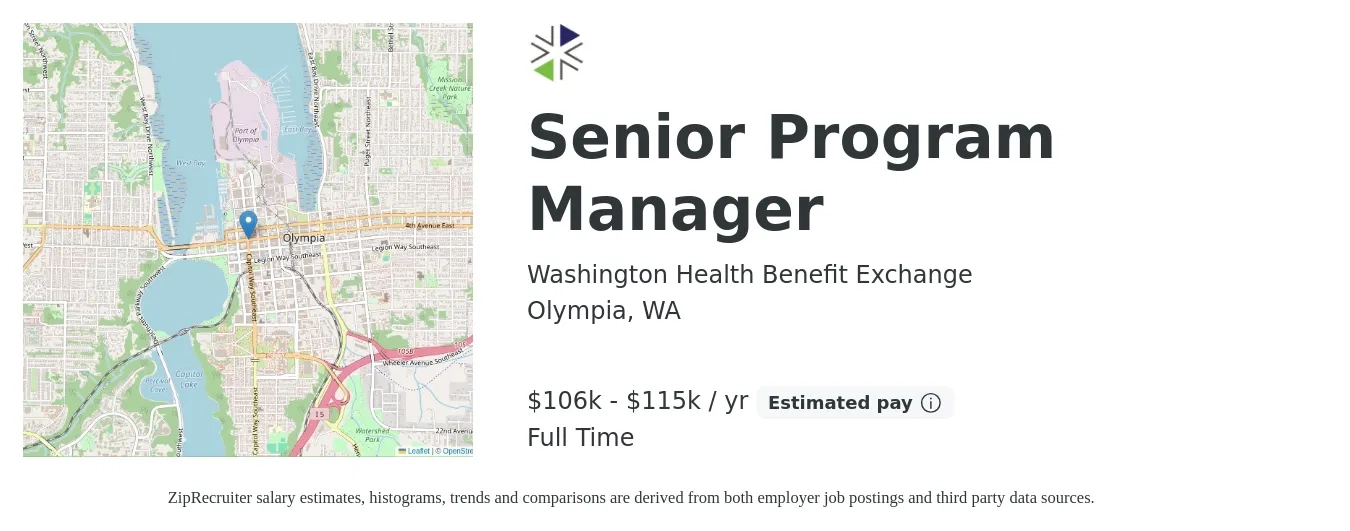 Washington Health Benefit Exchange job posting for a Senior Program Manager in Olympia, WA with a salary of $106,113 to $115,340 Yearly with a map of Olympia location.