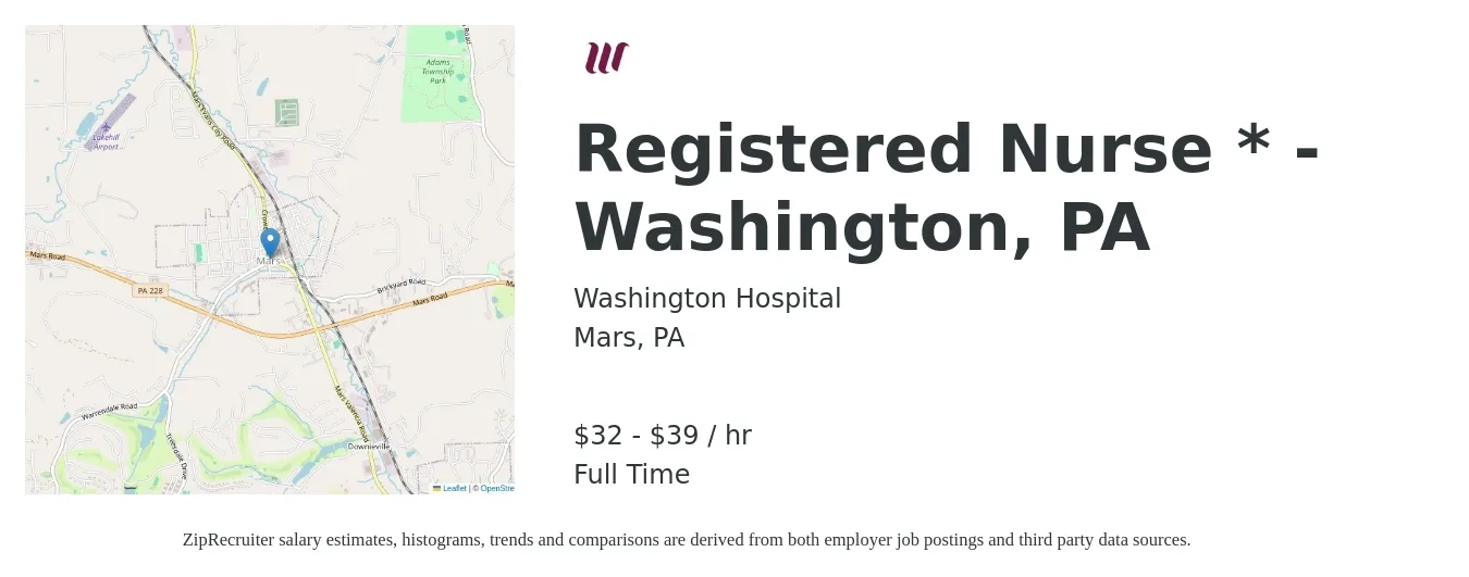 Washington Hospital job posting for a Registered Nurse * - Washington, PA in Mars, PA with a salary of $34 to $41 Hourly with a map of Mars location.