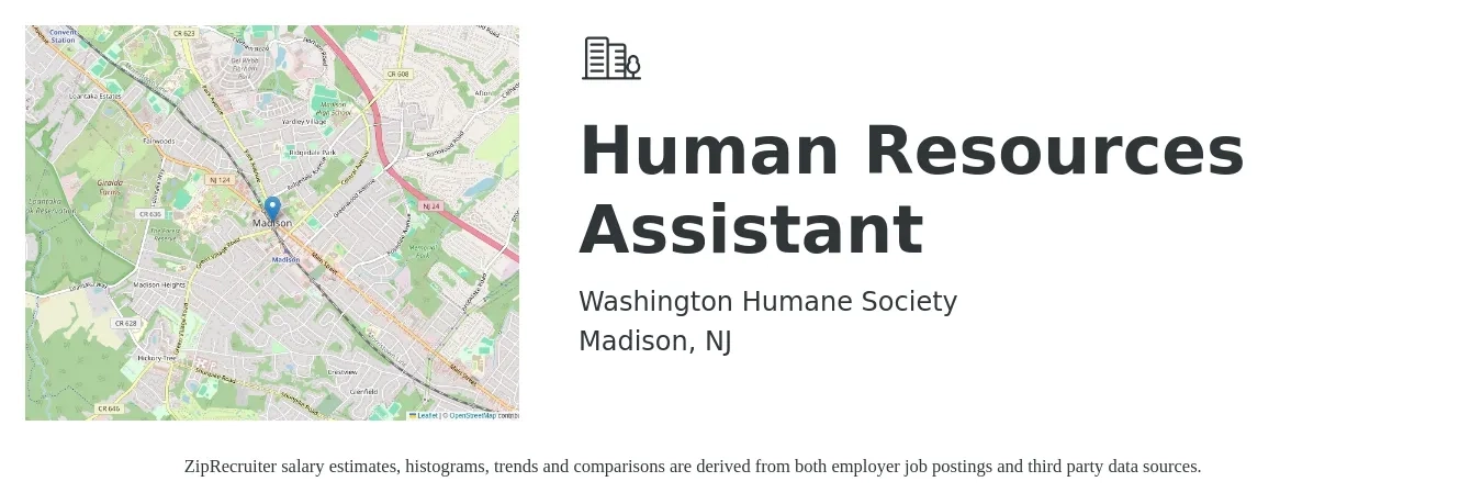 Washington Humane Society job posting for a Human Resources Assistant in Madison, NJ with a salary of $18 to $21 Hourly with a map of Madison location.