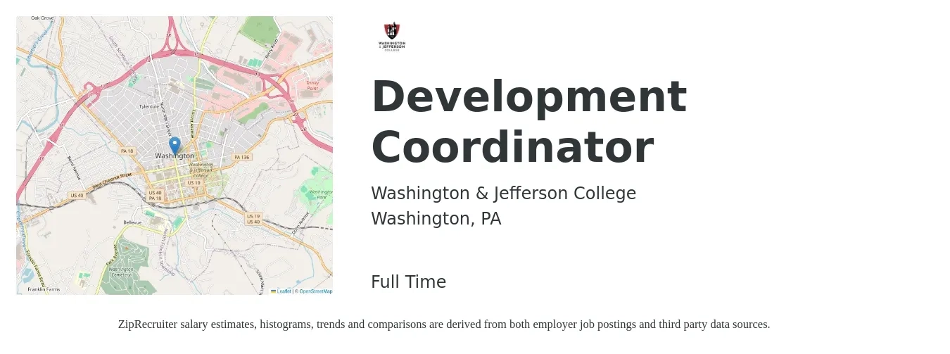 Washington & Jefferson College job posting for a Development Coordinator in Washington, PA with a salary of $40,400 to $54,400 Yearly with a map of Washington location.