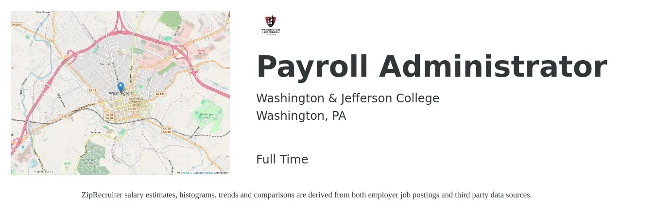 Washington & Jefferson College job posting for a Payroll Administrator in Washington, PA with a salary of $23 to $31 Hourly with a map of Washington location.