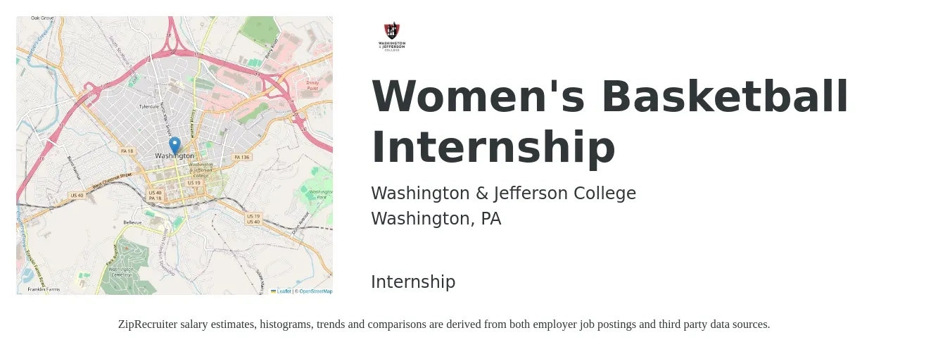 Washington & Jefferson College job posting for a Women's Basketball Internship in Washington, PA with a salary of $12 to $17 Hourly with a map of Washington location.