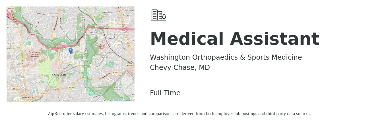 Washington Orthopaedics & Sports Medicine job posting for a Medical Assistant in Chevy Chase, MD with a salary of $19 to $24 Hourly with a map of Chevy Chase location.