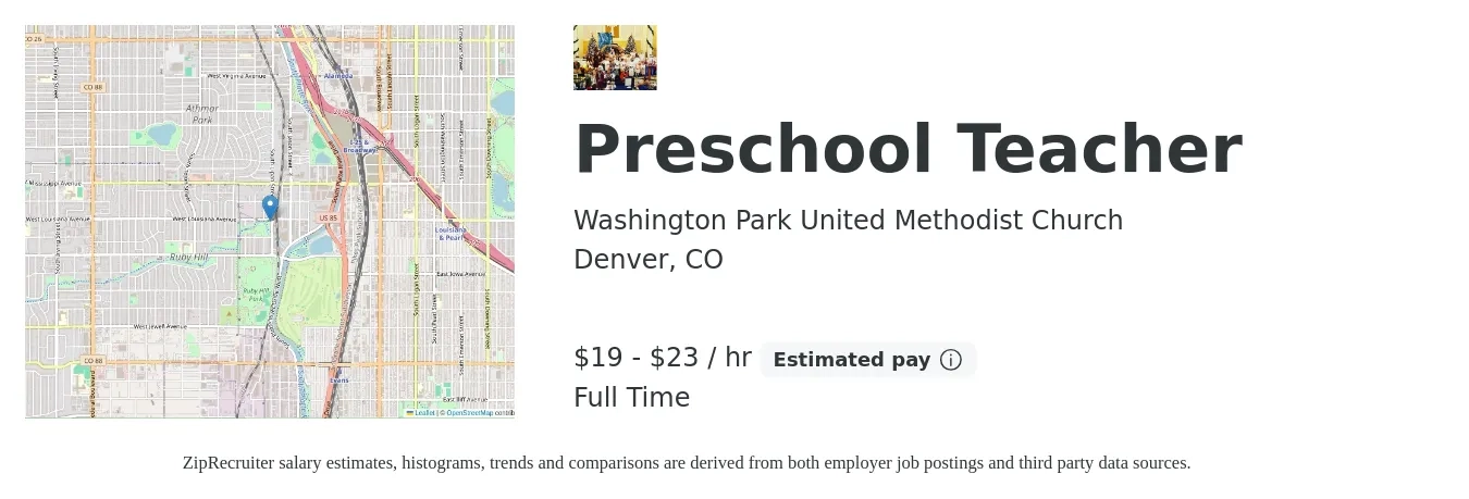 Washington Park United Methodist Church job posting for a Preschool Teacher in Denver, CO with a salary of $20 to $24 Hourly with a map of Denver location.