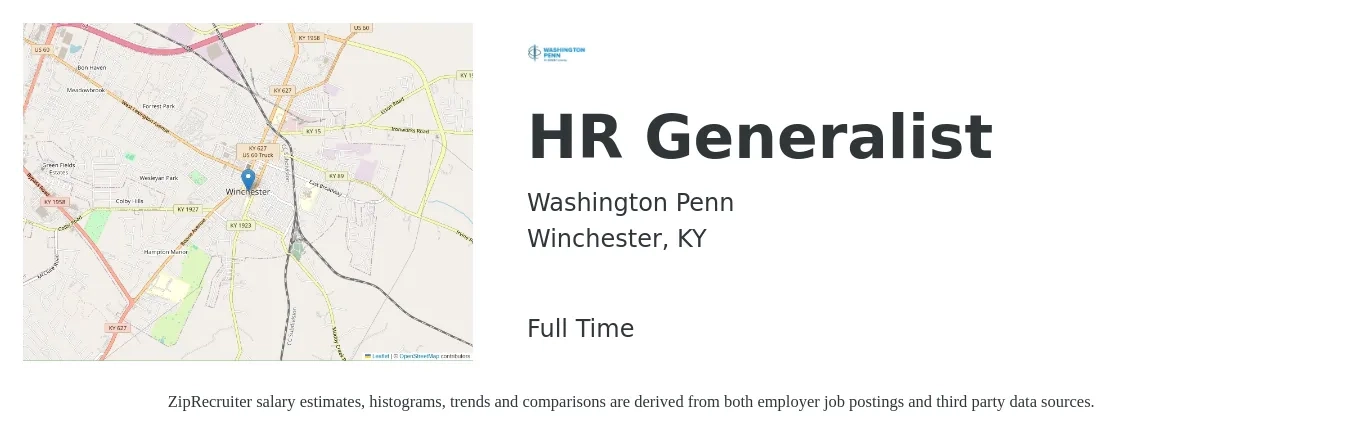 Washington Penn job posting for a HR Generalist in Winchester, KY with a salary of $44,900 to $63,900 Yearly with a map of Winchester location.