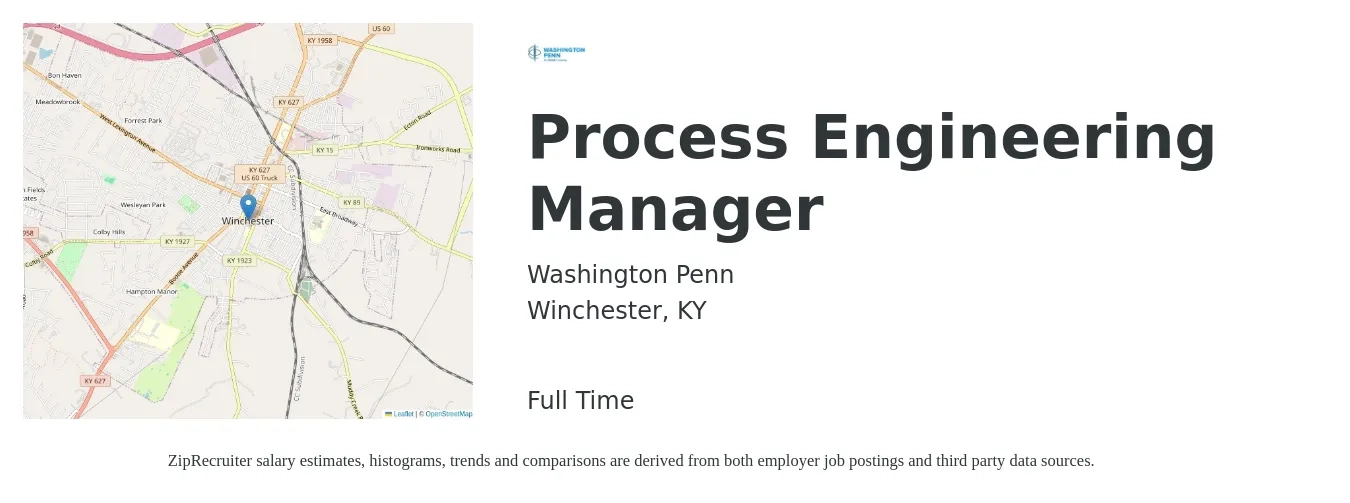 Washington Penn job posting for a Process Engineering Manager in Winchester, KY with a salary of $83,400 to $125,200 Yearly with a map of Winchester location.