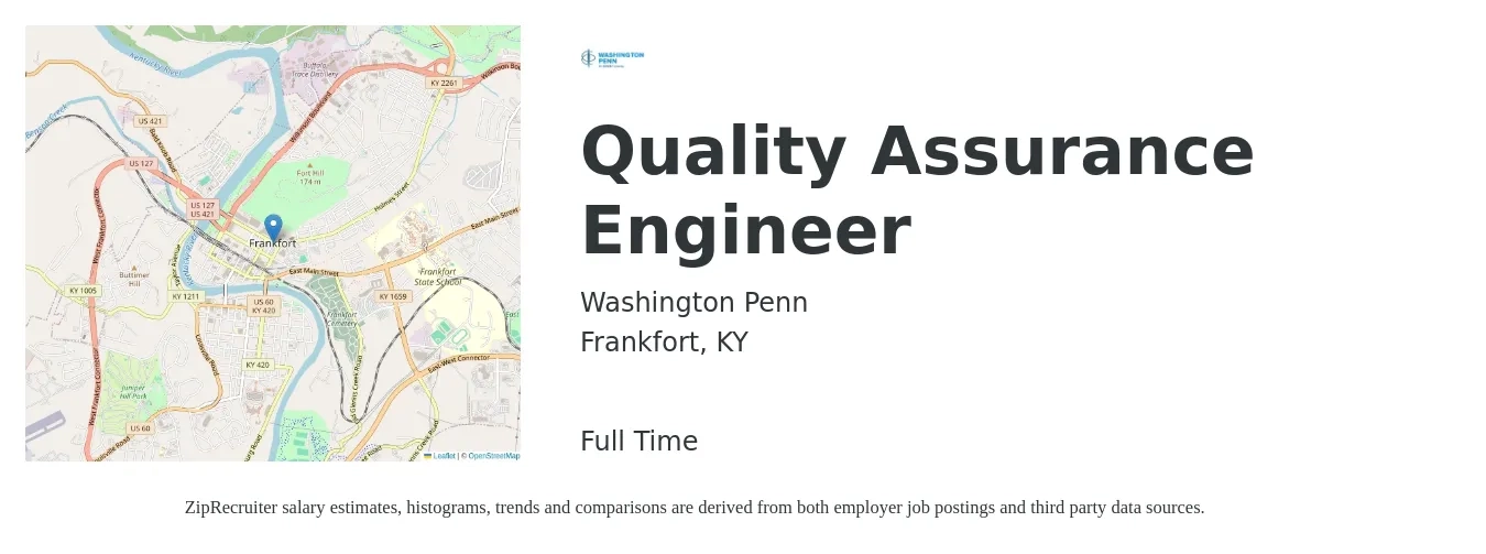 Washington Penn job posting for a Quality Assurance Engineer in Frankfort, KY with a salary of $68,600 to $96,800 Yearly with a map of Frankfort location.