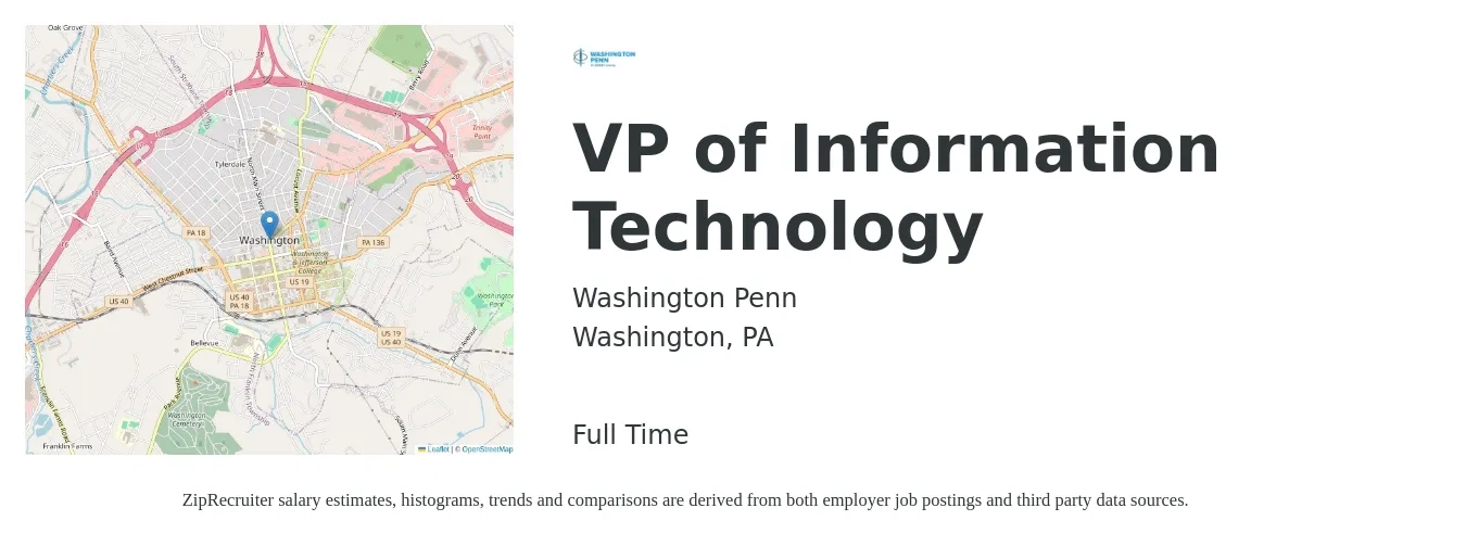 Washington Penn job posting for a VP of Information Technology in Washington, PA with a salary of $145,900 to $182,600 Yearly with a map of Washington location.
