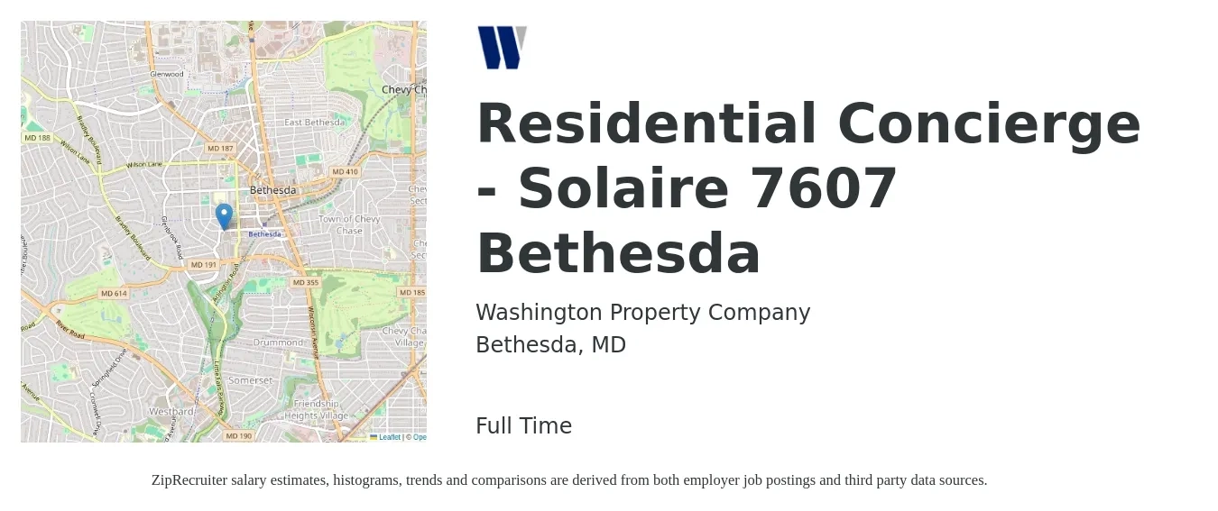 Washington Property Company job posting for a Residential Concierge - Solaire 7607 Bethesda in Bethesda, MD with a salary of $20 to $28 Hourly with a map of Bethesda location.