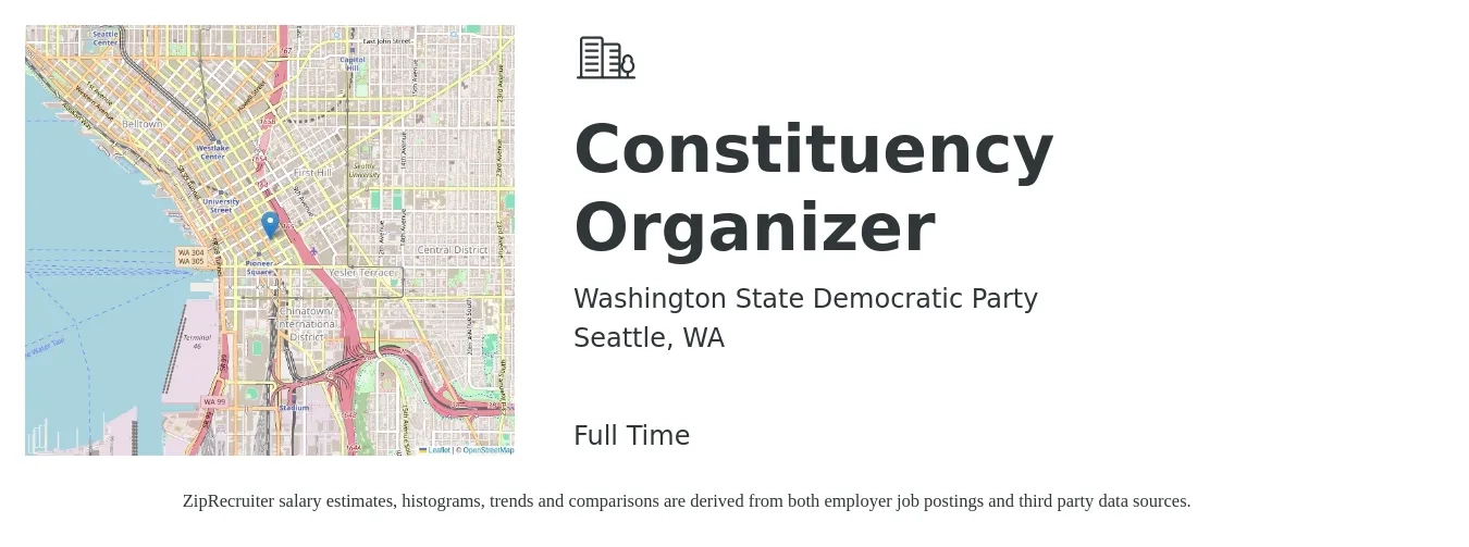Washington State Democratic Party job posting for a Constituency Organizer in Seattle, WA with a salary of $22 Hourly with a map of Seattle location.
