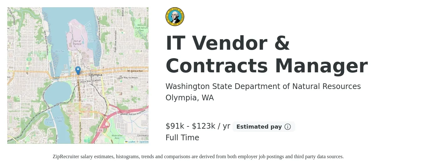 Washington State Department of Natural Resources job posting for a IT Vendor & Contracts Manager in Olympia, WA with a salary of $91,800 to $123,468 Yearly with a map of Olympia location.