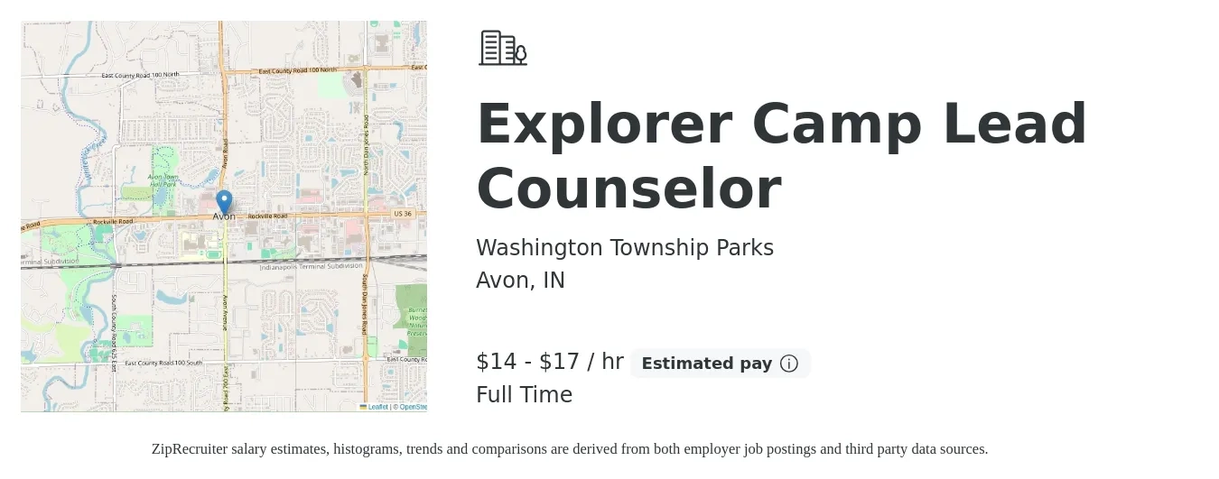 Washington Township Parks job posting for a Explorer Camp Lead Counselor in Avon, IN with a salary of $15 to $18 Hourly with a map of Avon location.
