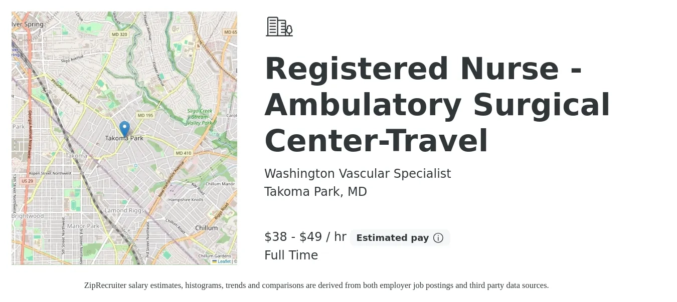 Washington Vascular Specialist job posting for a Registered Nurse - Ambulatory Surgical Center-Travel in Takoma Park, MD with a salary of $40 to $51 Hourly with a map of Takoma Park location.
