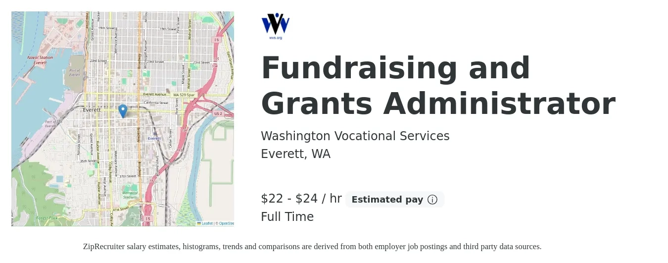 Washington Vocational Services job posting for a Fundraising and Grants Administrator in Everett, WA with a salary of $23 to $25 Hourly with a map of Everett location.