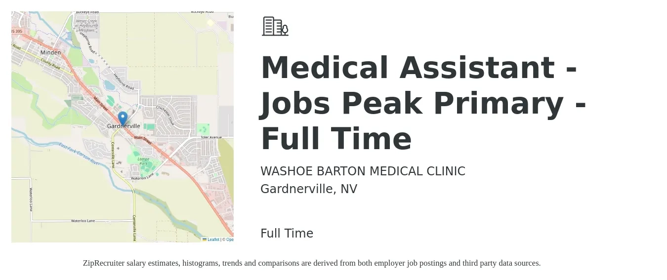WASHOE BARTON MEDICAL CLINIC job posting for a Medical Assistant - Jobs Peak Primary - Full Time in Gardnerville, NV with a salary of $18 to $23 Hourly with a map of Gardnerville location.
