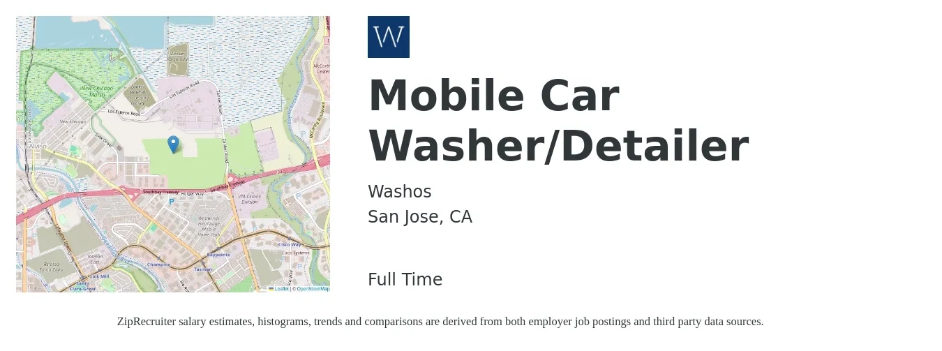 Washos job posting for a Mobile Car Washer/Detailer in San Jose, CA with a salary of $1,000 to $1,500 Weekly (plus commission) with a map of San Jose location.