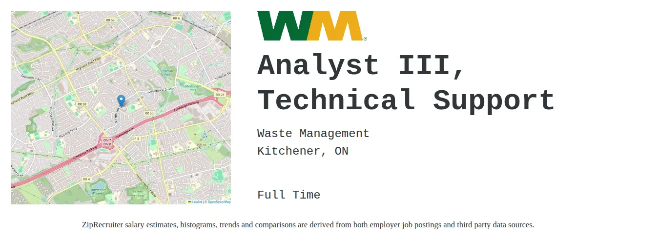 Waste Management job posting for a Analyst III, Technical Support in Kitchener, ON and benefits including Medical, Vision, Dental, PTO, Life, and Retirement with a map of Kitchener location.