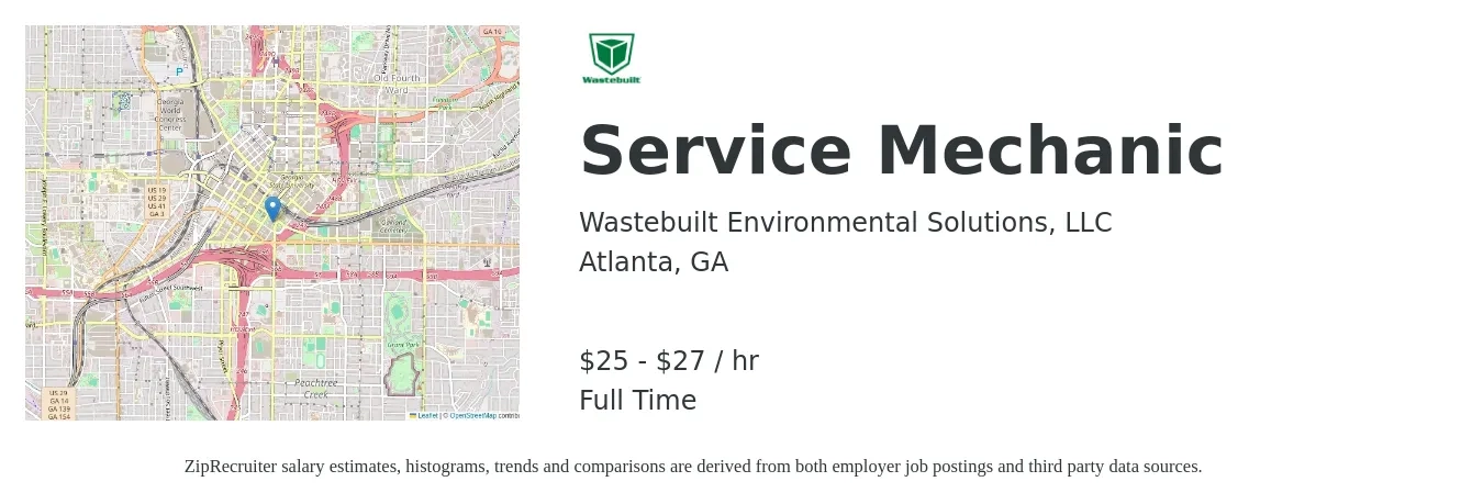 Wastebuilt Environmental Solutions, LLC job posting for a Service Mechanic in Atlanta, GA with a salary of $26 to $29 Hourly with a map of Atlanta location.
