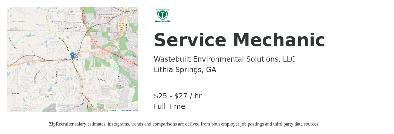 Wastebuilt Environmental Solutions, LLC job posting for a Service Mechanic in Lithia Springs, GA with a salary of $26 to $29 Hourly with a map of Lithia Springs location.
