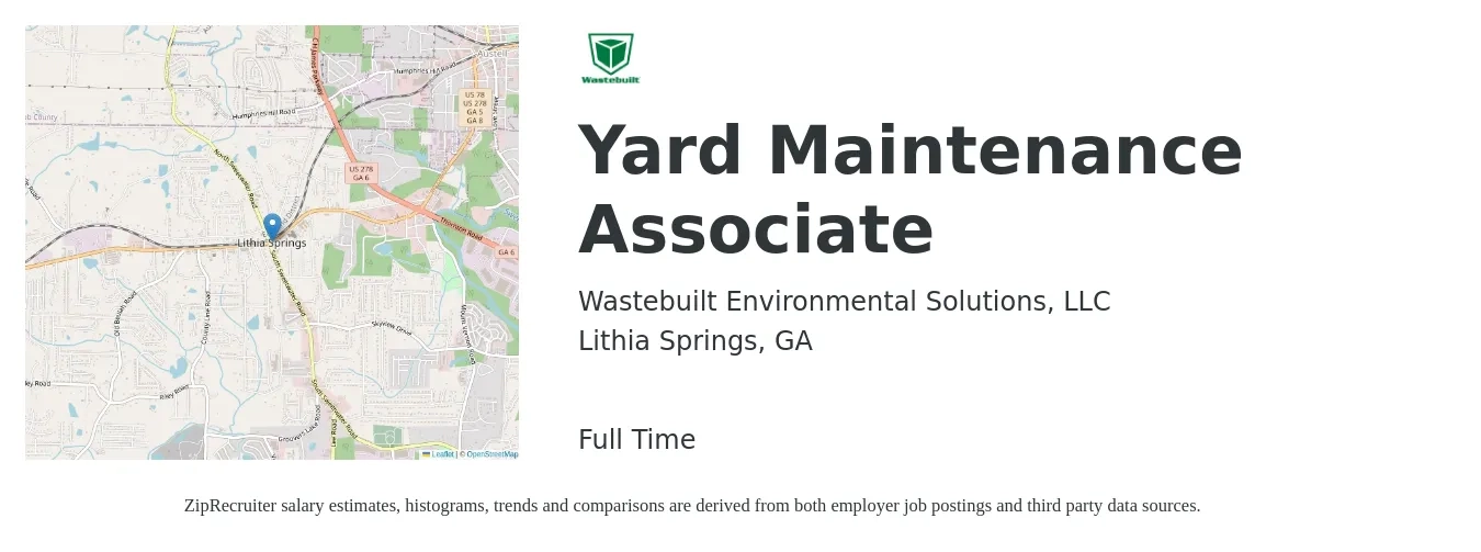 Wastebuilt Environmental Solutions, LLC job posting for a Yard Maintenance Associate in Lithia Springs, GA with a salary of $14 to $18 Hourly with a map of Lithia Springs location.