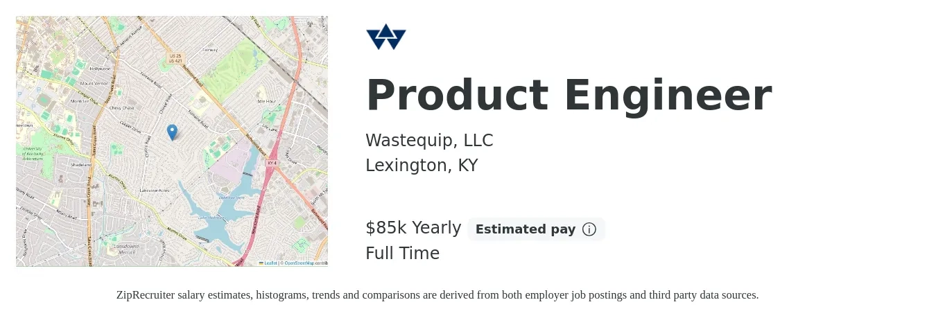 WASTEQUIP job posting for a Product Engineer in Lexington, KY with a salary of $85,000 Yearly with a map of Lexington location.