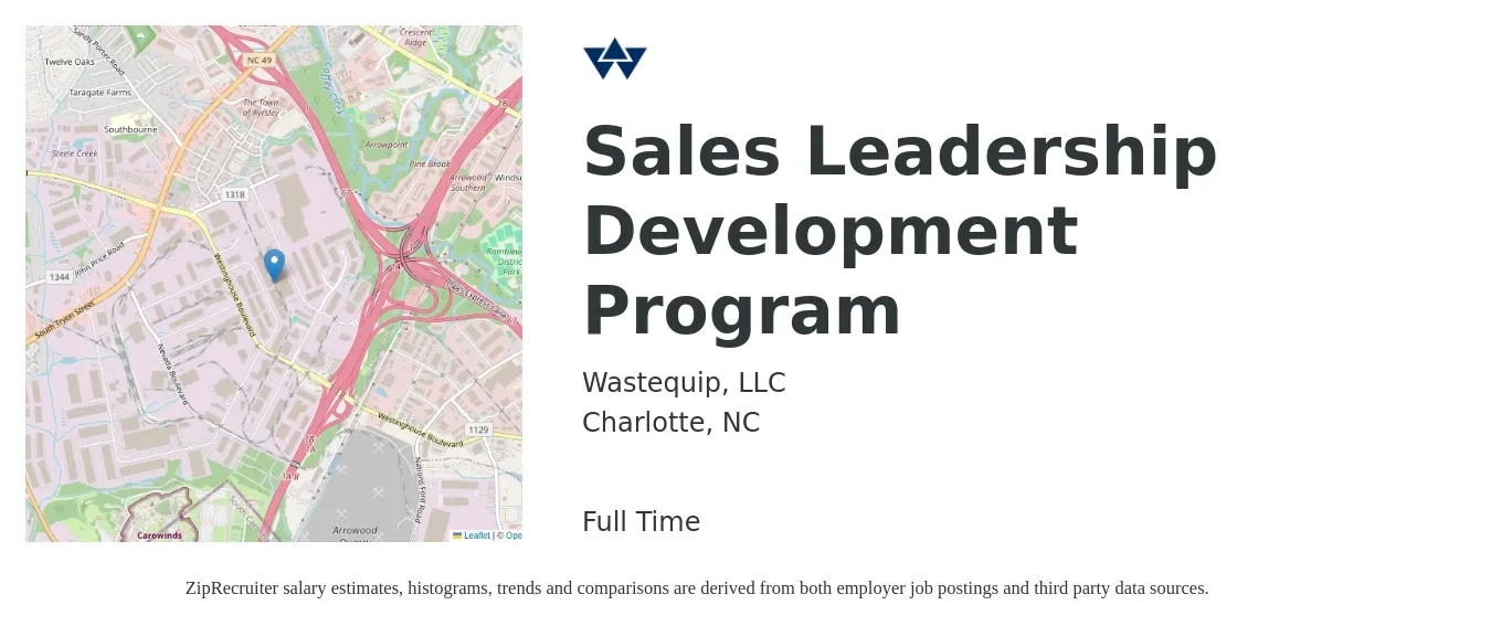 Wastequip, LLC job posting for a Sales Leadership Development Program in Charlotte, NC with a salary of $40,000 to $58,100 Yearly with a map of Charlotte location.