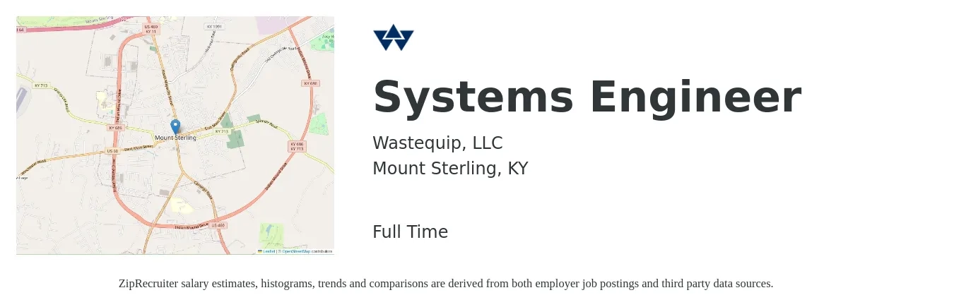 Wastequip job posting for a Systems Engineer in Mount Sterling, KY with a salary of $80,000 Yearly with a map of Mount Sterling location.