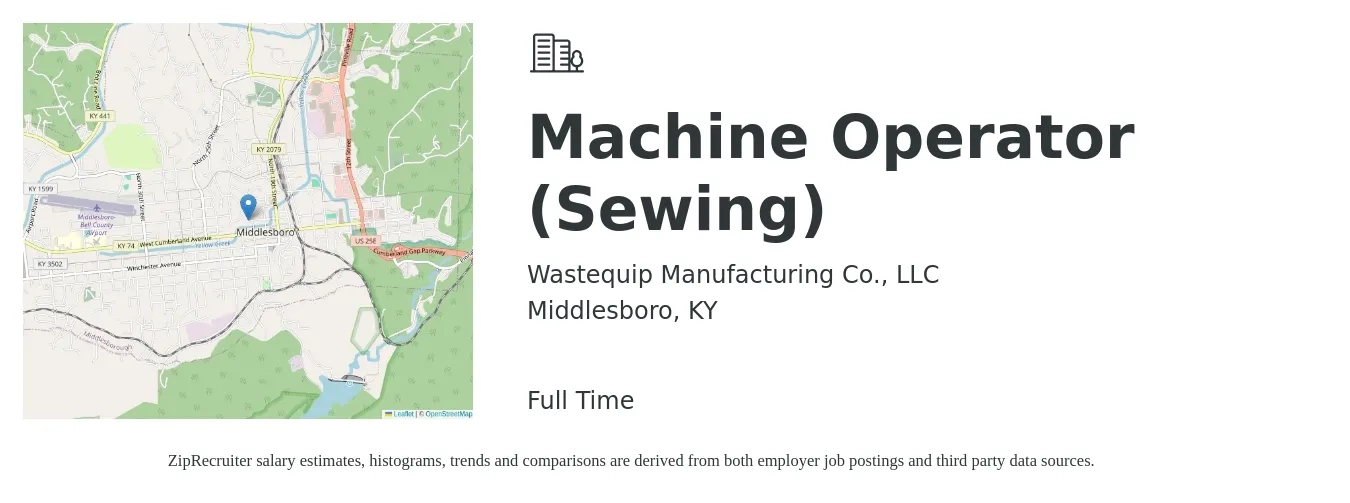 Wastequip Manufacturing Co., LLC job posting for a Machine Operator (Sewing) in Middlesboro, KY with a salary of $12 to $15 Hourly with a map of Middlesboro location.