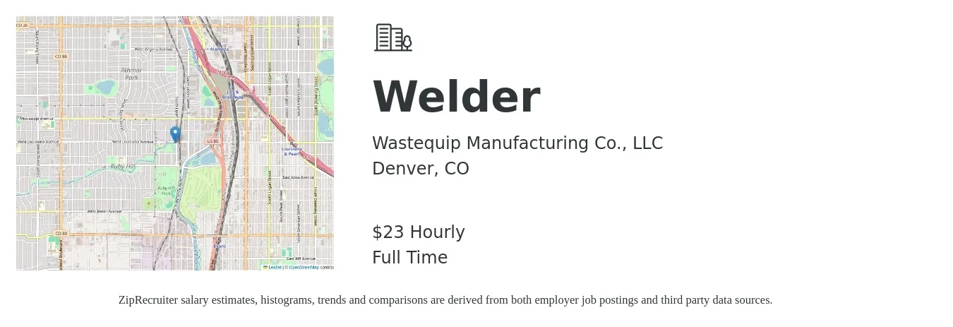 Wastequip Manufacturing Co., LLC job posting for a Welder in Denver, CO with a salary of $25 Hourly with a map of Denver location.