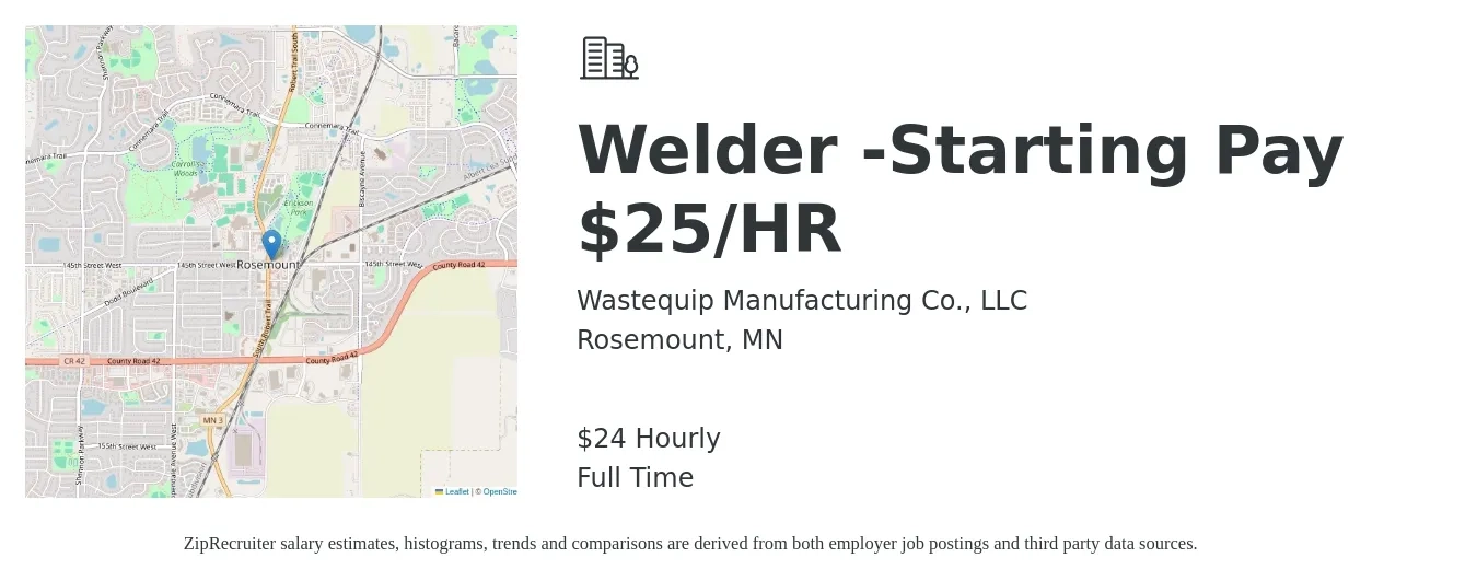 Wastequip Manufacturing Co., LLC job posting for a Welder -Starting Pay $25/HR in Rosemount, MN with a salary of $25 Hourly with a map of Rosemount location.