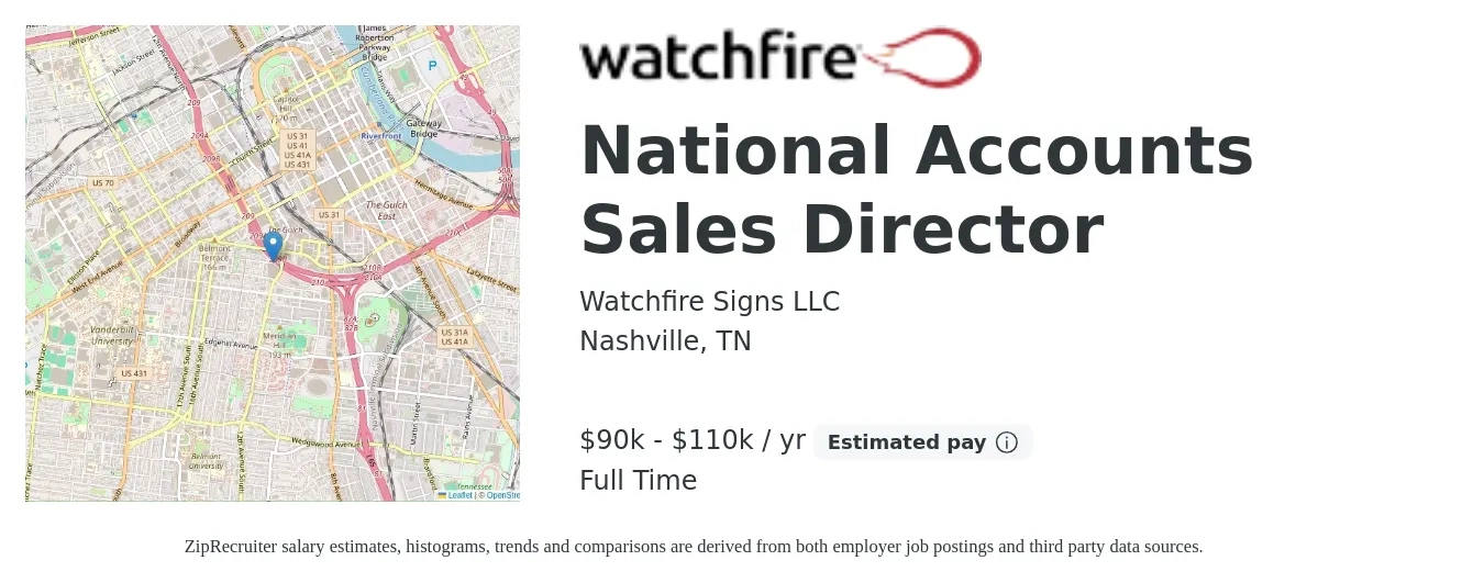 Watchfire Signs LLC job posting for a National Accounts Sales Director in Nashville, TN with a salary of $90,000 to $110,000 Yearly with a map of Nashville location.