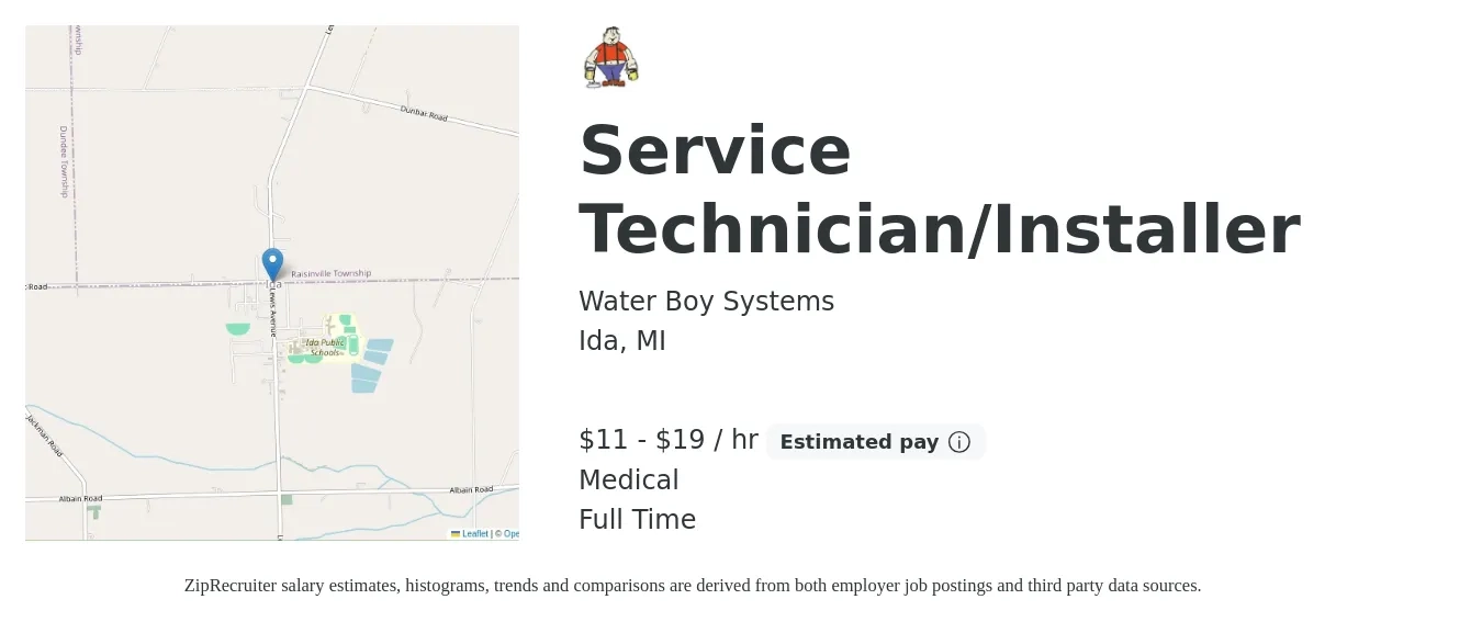 Water Boy Systems job posting for a Service Technician/Installer in Ida, MI with a salary of $12 to $20 Hourly (plus commission) and benefits including medical, and retirement with a map of Ida location.