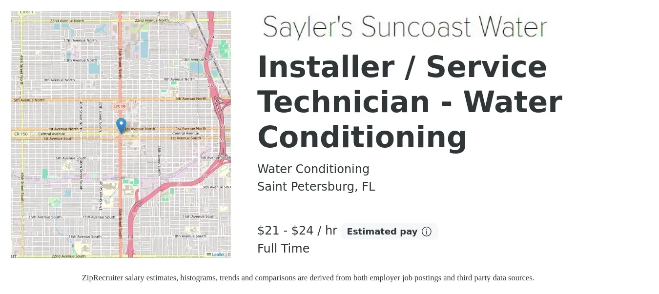 Water Conditioning job posting for a Installer / Service Technician - Water Conditioning in Saint Petersburg, FL with a salary of $22 to $25 Hourly (plus commission) and benefits including pto with a map of Saint Petersburg location.