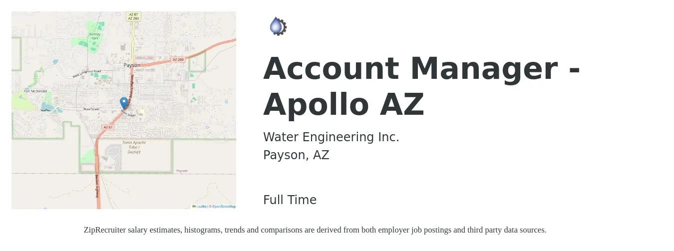 Water Engineering Inc. job posting for a Account Manager - Apollo AZ in Payson, AZ with a salary of $44,300 to $72,500 Yearly with a map of Payson location.