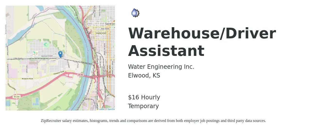 Water Engineering Inc. job posting for a Warehouse/Driver Assistant in Elwood, KS with a salary of $17 Hourly with a map of Elwood location.