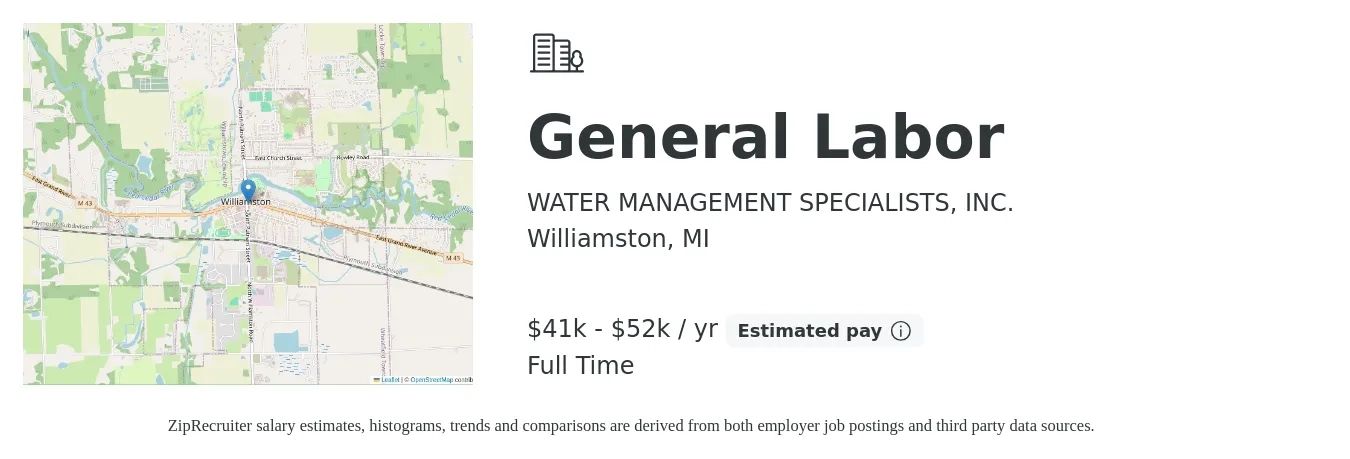 WATER MANAGEMENT SPECIALISTS, INC. job posting for a General Labor in Williamston, MI with a salary of $41,600 to $52,000 Yearly with a map of Williamston location.
