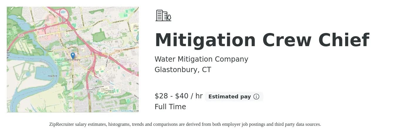 Water Mitigation Company job posting for a Mitigation Crew Chief in Glastonbury, CT with a salary of $30 to $42 Hourly with a map of Glastonbury location.