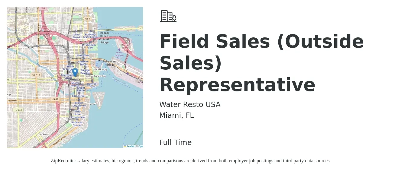 Water Resto USA job posting for a Field Sales (Outside Sales) Representative in Miami, FL with a salary of $50,200 to $86,100 Yearly with a map of Miami location.