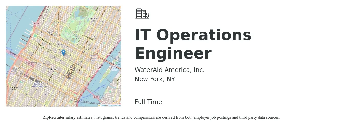 WaterAid America, Inc. job posting for a IT Operations Engineer in New York, NY with a salary of $69,575 to $82,500 Yearly with a map of New York location.