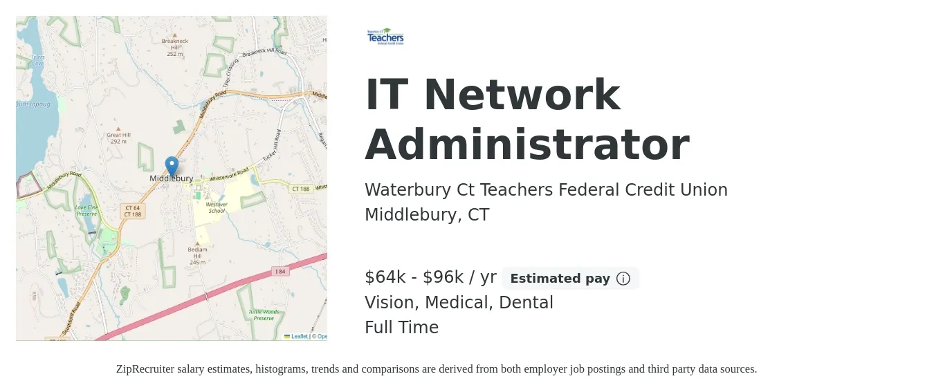 Waterbury Ct Teachers Federal Credit Union job posting for a IT Network Administrator in Middlebury, CT with a salary of $64,400 to $96,600 Yearly and benefits including life_insurance, medical, retirement, vision, and dental with a map of Middlebury location.
