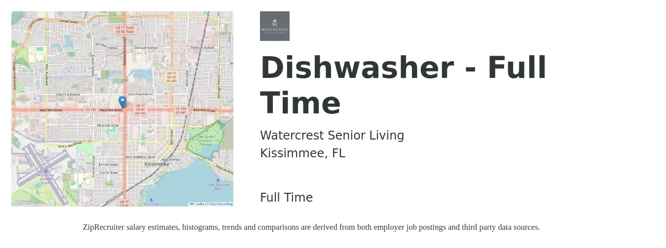 Watercrest Senior Living job posting for a Dishwasher - Full Time in Kissimmee, FL with a salary of $12 to $15 Hourly with a map of Kissimmee location.