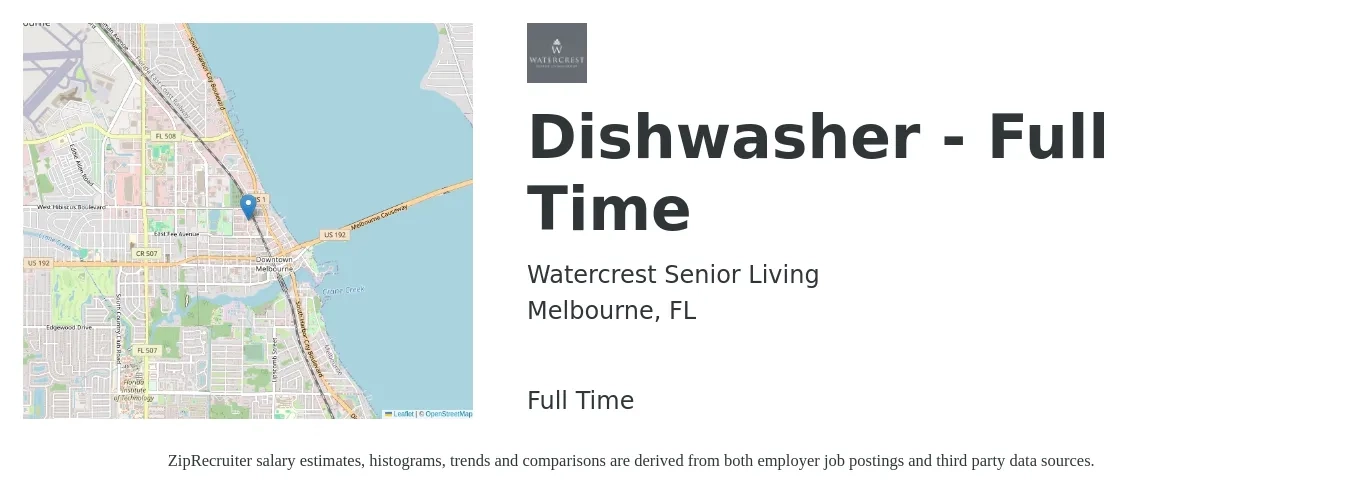 Watercrest Senior Living job posting for a Dishwasher - Full Time in Melbourne, FL with a salary of $12 to $16 Hourly with a map of Melbourne location.